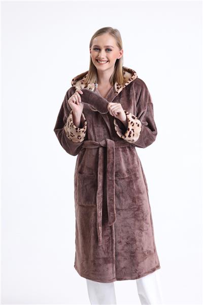 Magic Form 49870 Kadın Kapüşonlu Uzun Polar Sabahlık (Uyku Gözlüğü Hediyeli)-Kahve