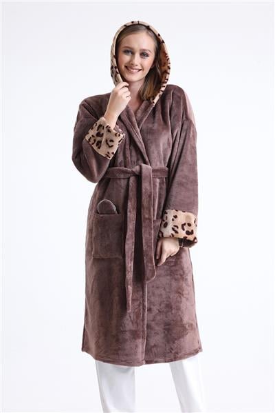 Magic Form 49870 Kadın Kapüşonlu Uzun Polar Sabahlık (Uyku Gözlüğü Hediyeli)-Kahve