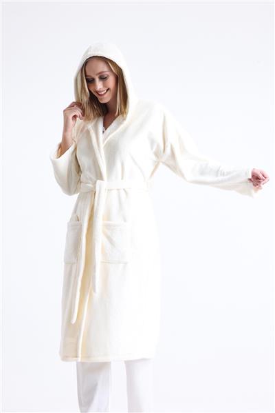 Magic Form 49870 Kadın Kapüşonlu Uzun Polar Sabahlık (Uyku Gözlüğü Hediyeli)-Ekru