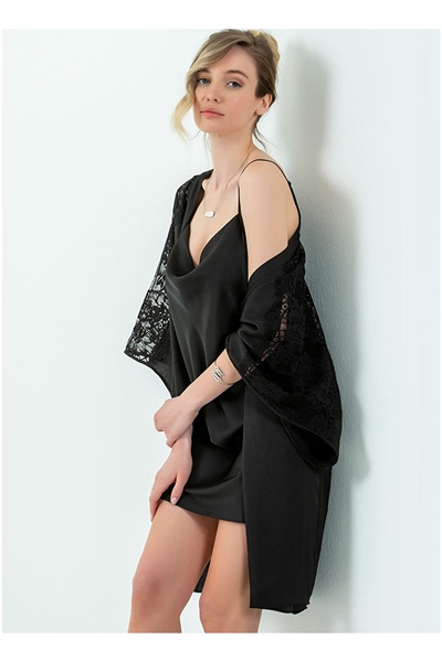Magic Form 6790 Kadın Degaje Yaka Krep Saten Kısa Gecelik-Siyah
