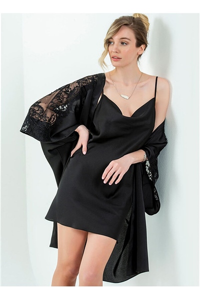 Magic Form 6790 Kadın Degaje Yaka Krep Saten Kısa Gecelik-Siyah