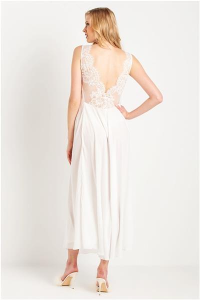 Magic Form 71770 Kadın Kalın Askılı Sırtı Ve Ön Dekoltesi Dantelli Uzun Krep Gecelik-Ekru