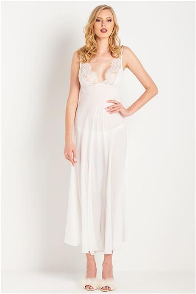 Magic Form 71770 Kadın Kalın Askılı Sırtı Ve Ön Dekoltesi Dantelli Uzun Krep Gecelik-Ekru