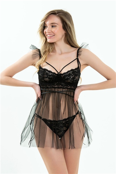 Magic Form 7216 Balenli Sütyenli Tüllü Gecelik-Siyah