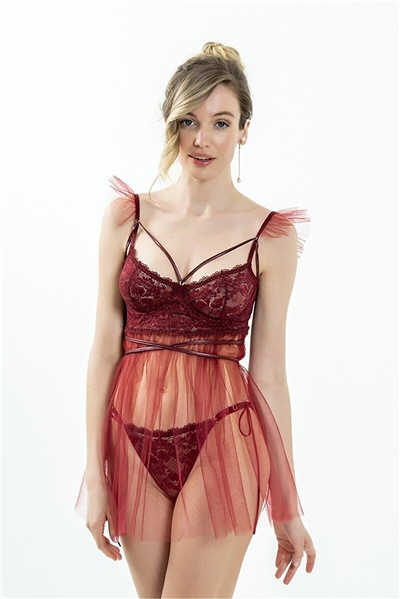 Magic Form 7216 Balenli Sütyenli Tüllü Gecelik-Bordo