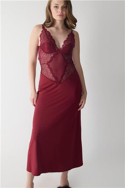 Magic Form 74124 Kadın Askılı Dantelli Jarse Uzun Gecelik-Bordo