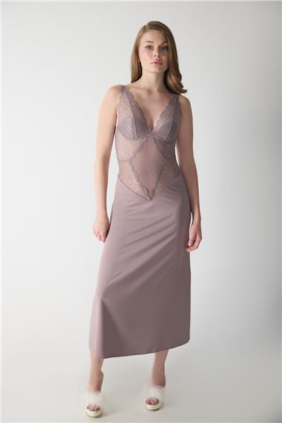 Magic Form 74124 Kadın Askılı Dantelli Jarse Uzun Gecelik-Çinko