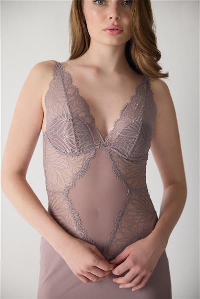 Magic Form 74124 Kadın Askılı Dantelli Jarse Uzun Gecelik-Çinko