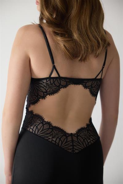 Magic Form 74124 Kadın Askılı Dantelli Jarse Uzun Gecelik-Siyah