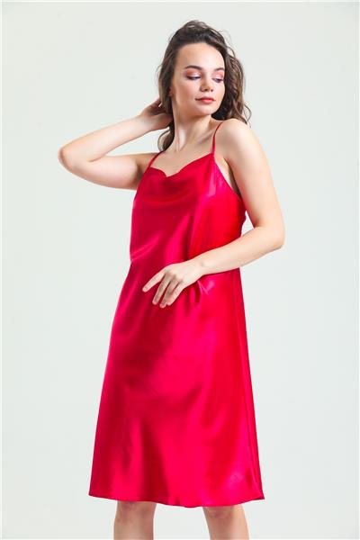 Magic Form 7790 Kadın Dagaje Yaka İp Askılı Saten Gecelik-Fuşya