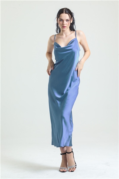 Magic Form 9790 Degaje Yaka Krep Saten Uzun Gecelik-Mavi
