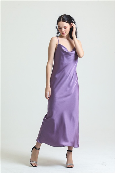 Magic Form 9790 Degaje Yaka Krep Saten Uzun Gecelik-Lila