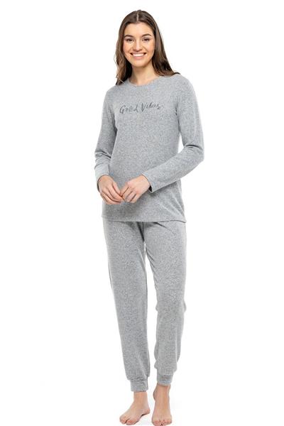 Mod Collection 3981 Kadın Gri Melanj Yuvarlak Yaka Uzun Kollu Pijama Takımı -Grimelanj
