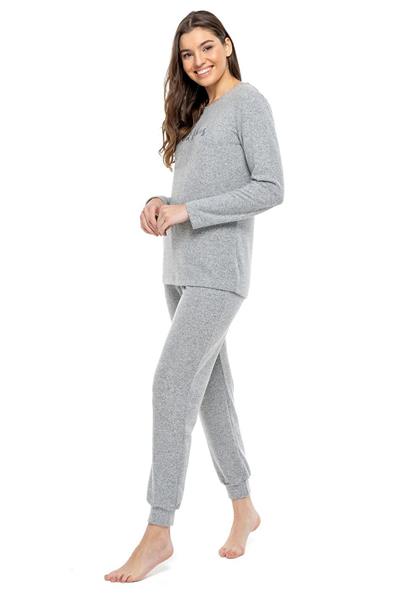 Mod Collection 3981 Kadın Gri Melanj Yuvarlak Yaka Uzun Kollu Pijama Takımı -Grimelanj