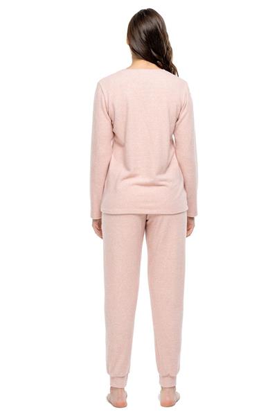 Mod Collection 3981 Kadın Pembe Melanj Yuvarlak Yaka Uzun Kollu Pijama Takımı -Pembemelanj
