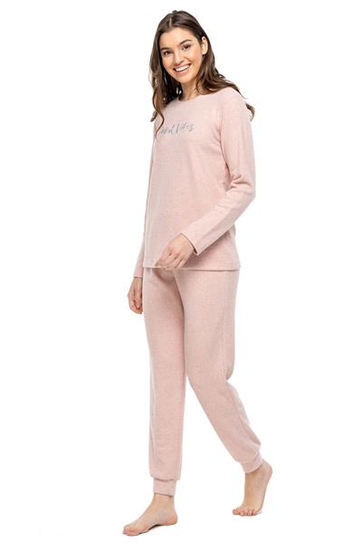 Mod Collection 3981 Kadın Pembe Melanj Yuvarlak Yaka Uzun Kollu Pijama Takımı -Pembemelanj