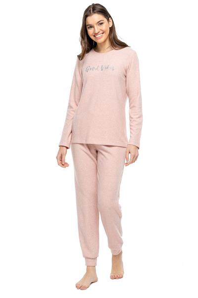 Mod Collection 3981 Kadın Pembe Melanj Yuvarlak Yaka Uzun Kollu Pijama Takımı -Pembemelanj