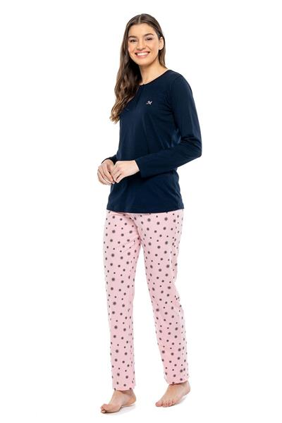 Mod Collection 3991 Kadın Lacivert Patlı Uzun Kollu Pijama Takımı -Lacivert