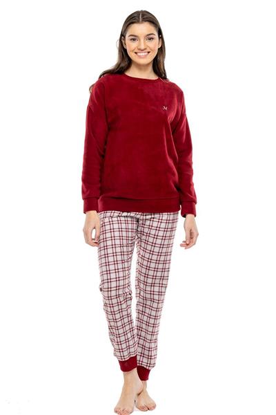 Mod Collection 3998 Kadın Bordo Yuvarlak Yaka Uzun Kollu Pijama Takımı -Bordo