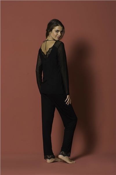 Monamise 18154 Kadın Uzun Kollu Pijama Takım-Siyah