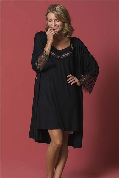 Monamise 18155 Kadın Gecelik Sabahlık Takım -Siyah