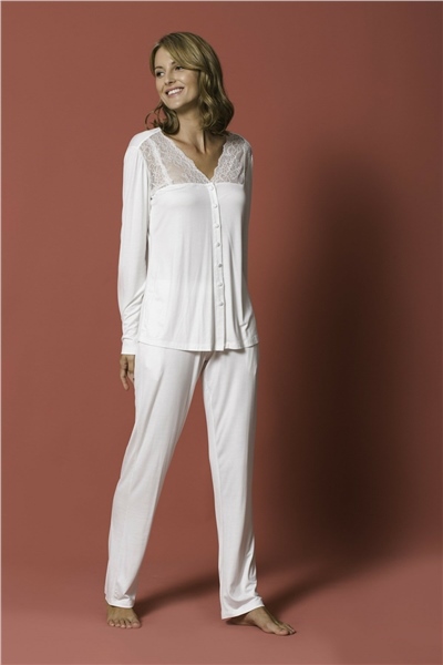 Monamise 18201 Kadın Uzun Kollu Pijama Takım-Ekru