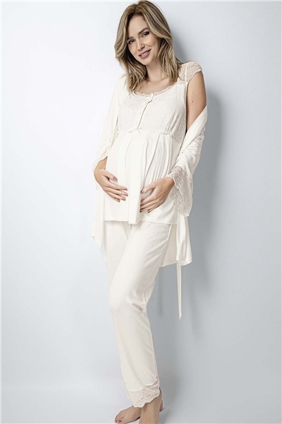 Monamise 18203 Hamile Lohusa Sabahlıklı Pijama Takımı-Ekru