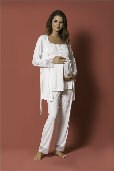 Monamise 18203 Hamile Lohusa Sabahlıklı Pijama Takımı-Ekru