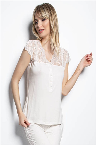 Monamise 18233 Kadın Kısa Kollu Pijama Takımı-Ekru