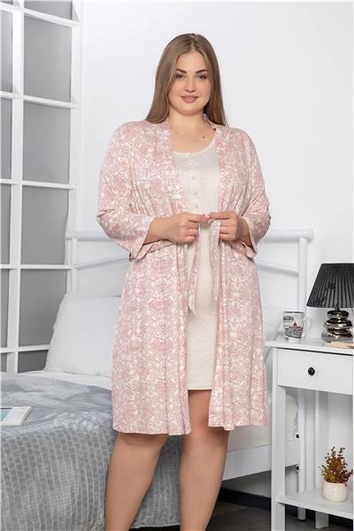 Monamise 18235 Kadın Büyük Beden Gecelik Sabahlık Takım-Kırmızı