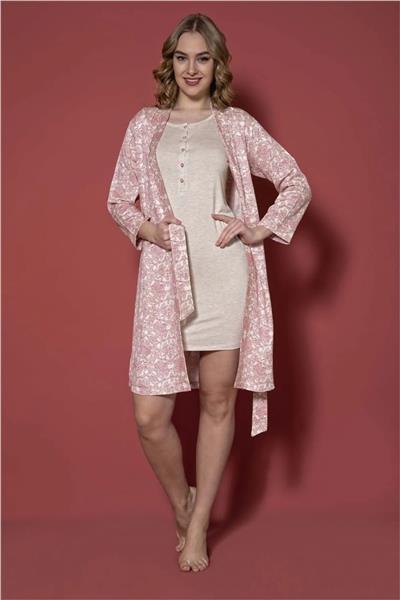 Monamise 18235 Kadın Büyük Beden Gecelik Sabahlık Takım-Kırmızı