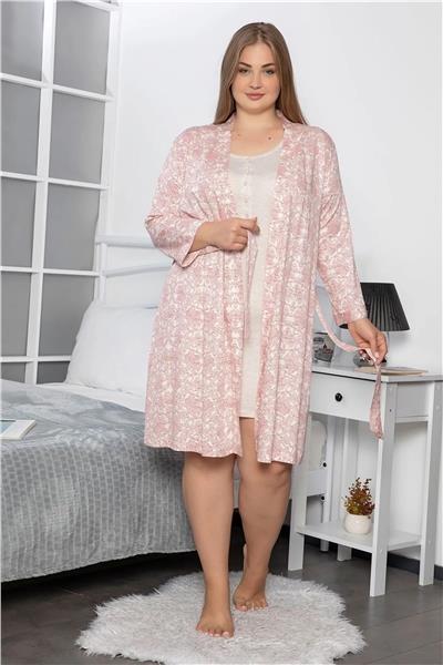 Monamise 18235 Kadın Büyük Beden Gecelik Sabahlık Takım-Kırmızı