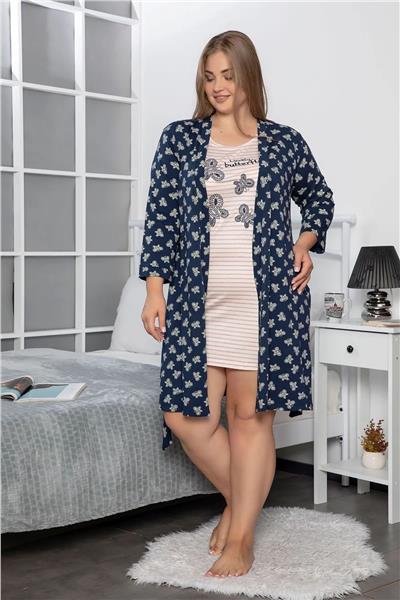 Monamise 18236 Kadın Büyük Beden Gecelik Sabahlık Takım -Lacivert