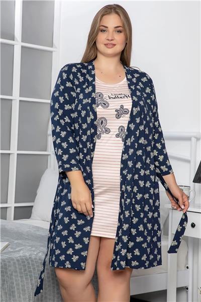 Monamise 18236 Kadın Büyük Beden Gecelik Sabahlık Takım -Lacivert
