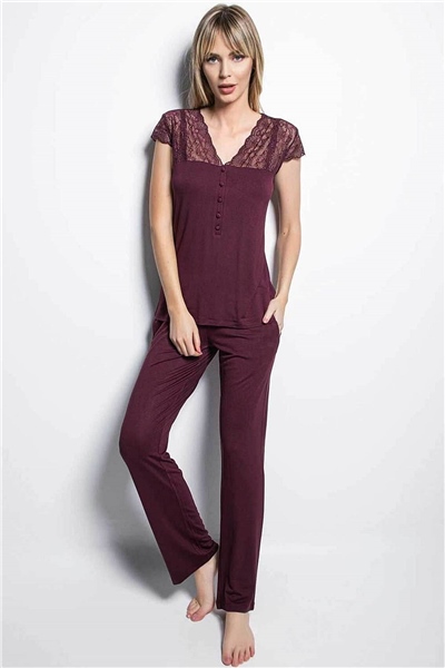 Monamise 18420 Kısa Kollu Pijama Takım  - Bordo