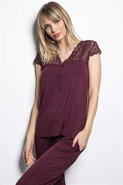 Monamise 18420 Kısa Kollu Pijama Takım  - Bordo