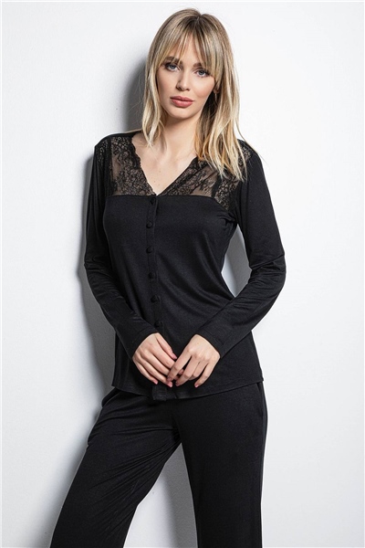 Monamise 18426 Uzun Kollu Pijama Takım  - Siyah