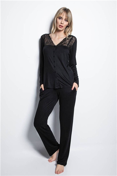 Monamise 18426 Uzun Kollu Pijama Takım  - Siyah