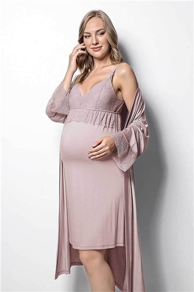 Monamise 18430 Hamile Lohusa Sabahlıklı Gecelik Takım - Vizon