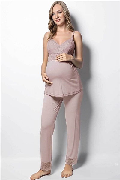 Monamise 18431 Hamile Lohusa Sabahlıklı Pijama Takım - Vizon