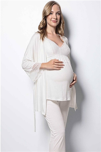 Monamise 18433 Hamile Lohusa Sabahlıklı Pijama Takım - Ekru