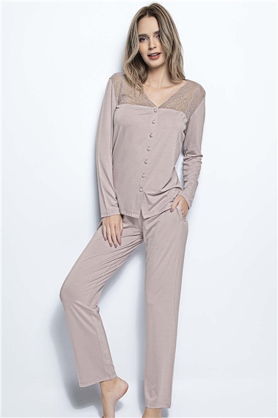 Monamise 18434 Kadın Uzun Kollu Pijama Takım-Vizon