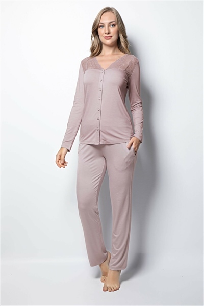 Monamise 18434 Kadın Uzun Kollu Pijama Takım-Vizon