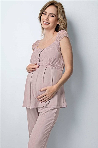 Monamise 18441 Hamile Lohusa Sabahlıklı Pijama Takım - Vizon