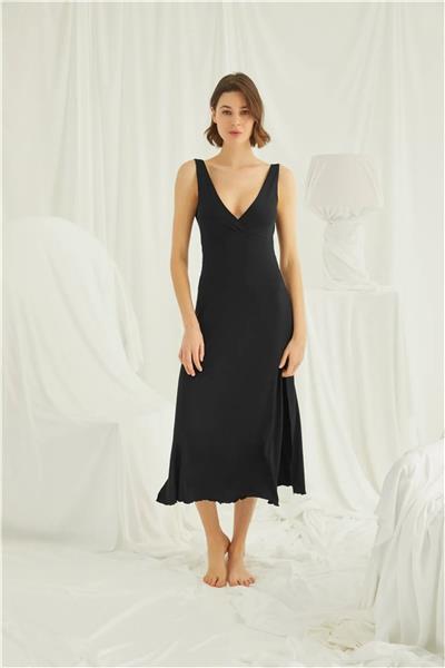 Monamise 18461 Kadın Siyah Kalın Askılı Göğüs Ve Sırt Dekolteli Dantelli Yırtmaçlı Gecelik -Siyah