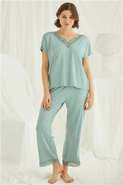 Monamise 18465 Kadın Kısa Kollu V Yakalı Dantelli Pijama Takımı -Yeşil