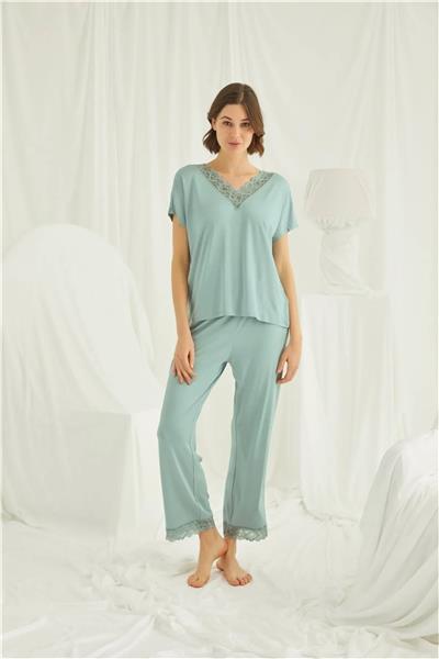 Monamise 18465 Kadın Kısa Kollu V Yakalı Dantelli Pijama Takımı -Yeşil