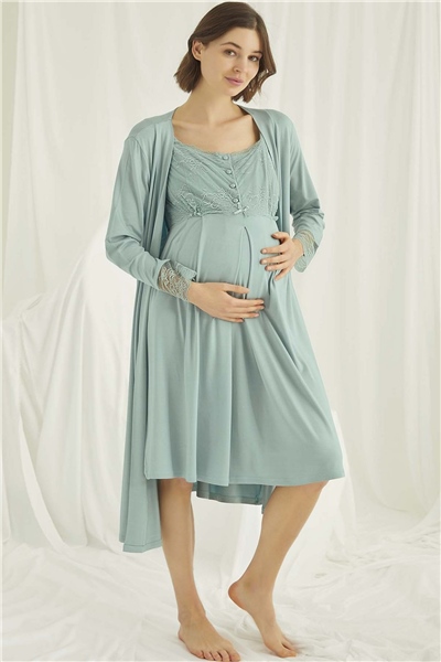 Monamise 18467 Hamile Lohusa Sabahlıklı Gecelik Takım-Açıkyeşil