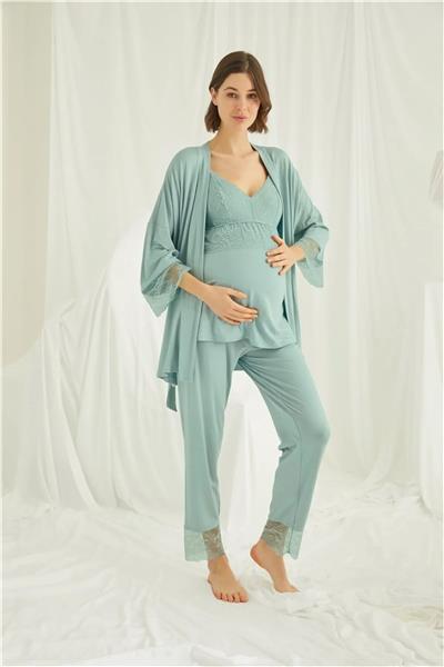 Monamise 18469 Hamile Lohusa Sabahlıklı Pijama Takımı-Yeşil