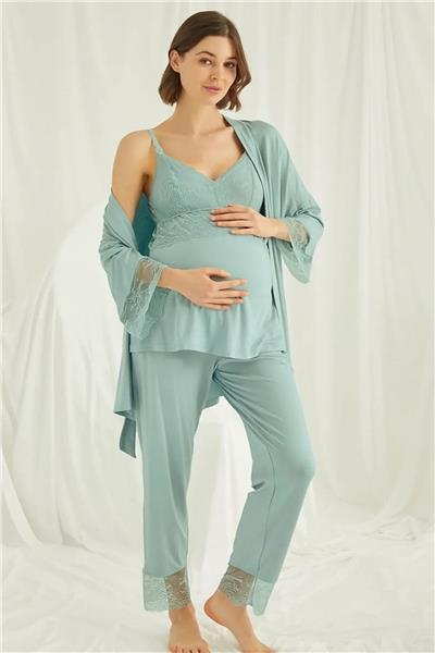 Monamise 18469 Hamile Lohusa Sabahlıklı Pijama Takımı-Yeşil